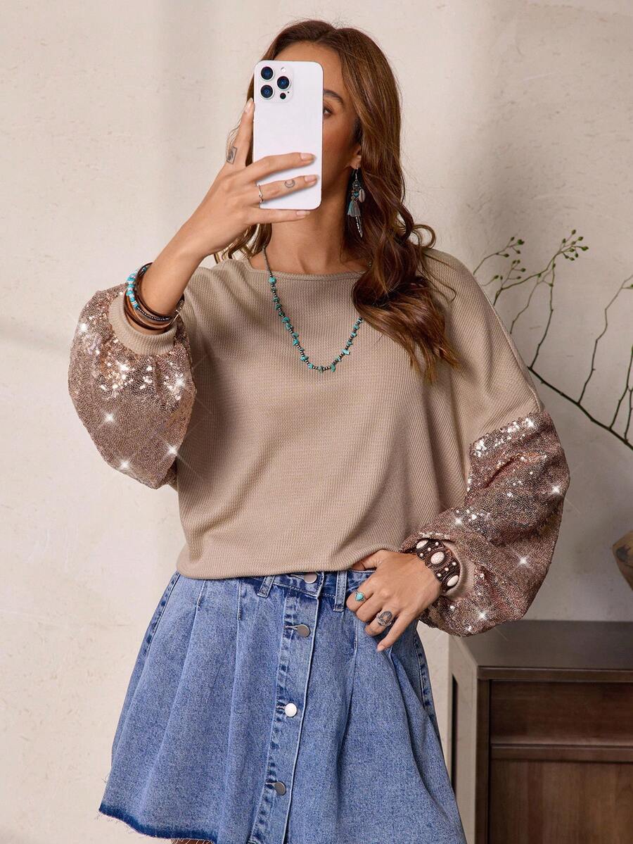 Women's Western Casual Khaki Round Neck Sequin Patchwork Drop Shoulder Puff Sleeve Sweatshirt, LanaWest - Khaki - View 1