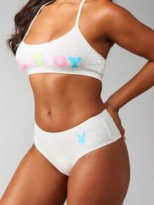 Missguided x Playboy Bộ đồ lót hở lưng nhiều màu có logo Hipster Bộ đồ lót cotton pha trộn thoải mái, thể thao, mặc ở nhà, trang phục thân mật, đồ lót đồng bộ - Màu Xám nhạt - Xem 5