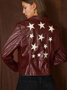 2025 Easelle Red Pu Jacket With Peaked Collar Retro Red Distressed White Effect Back Five-Pointed Star Patch Jacket 2025 Retro Wine Red - Burgundy - View 3