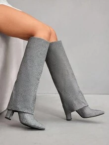 CUCCOO SZL 女士尖头粗跟灰色闪光面料双层设计时尚性感舒适日常派对场合侧拉链套穿踝靴 - 灰色 - 查看 10