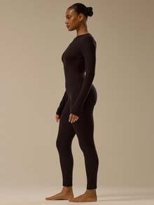 MUSERA ESSENTIALS Fitted Long Sleeve Jumpsuit Classy Basic Sexy Fall Autumn Basics Soft Buttery Toffee Winter Evening    Party Spring Summer - Black - View 2