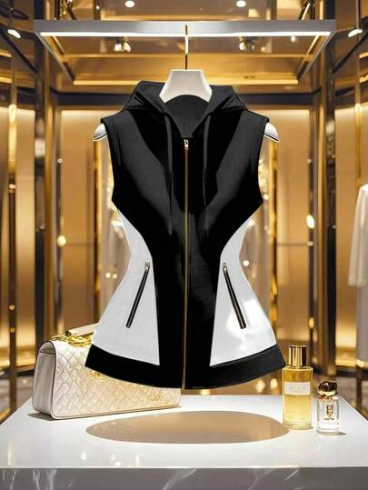 EMERY ROSE Women's Fashion Color Block Sleeveless Zip-Up Sweatshirt