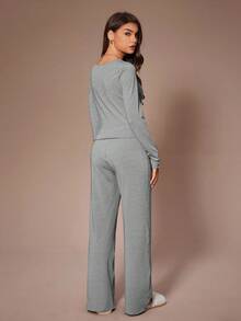 SHEIN Lazeform Casual Lace Trim Drawstring Lounge Set, Fall Winter Clothes, Cozy Outfit - Grey - View 2