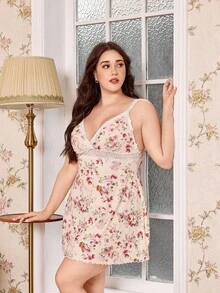 CottageSlumber Floral Print Lace Patchwork Deep V-Neck Plus Size Camisole Nightgown - Multicolor - View 7