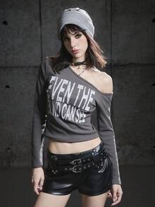 Bloopia 秋季万圣节不对称领字母印花短款针织上衣 - 灰色 - 查看 6