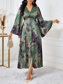 SHEIN Lady 女式优雅度假风格全印花 V 领喇叭袖腰部收紧长裙，春秋 - 彩色 - 查看 1