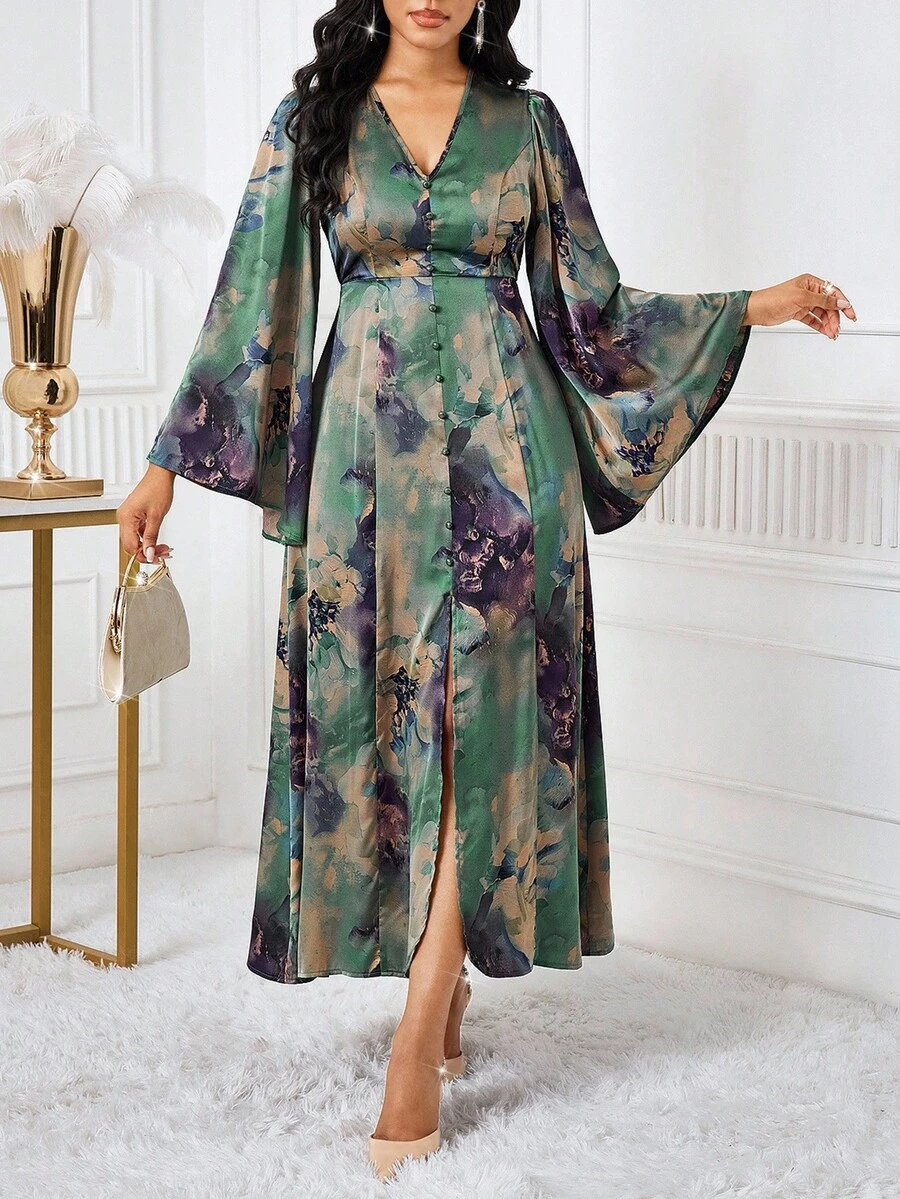 SHEIN Lady 女式优雅度假风格全印花 V 领喇叭袖腰部收紧长裙，春秋 - 彩色 - 查看 1