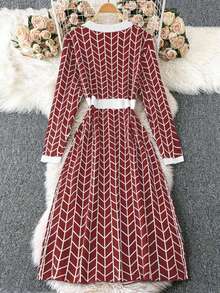 DreamSkyne 女式黑色针织 V 领几何提花撞色饰边口袋中长修身优雅厚实弹力开衫，适合万圣节、新年、情人节、感恩节、圣诞节、复活节、庆典、除夕 - 彩色 - 查看 2