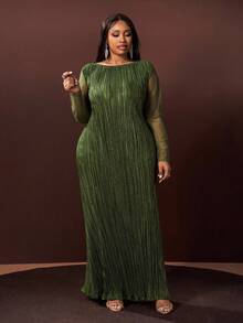 Veslaya Hàng mới về Thu/Đông, Thanh lịch & Dự tiệc & Hẹn hò & Buổi tối & Lễ tốt nghiệp & Sinh nhật & Đám cưới, Đầm maxi dài tay xếp ly dáng chữ A màu xanh lá cây trơn, phối lưới, cỡ lớn - Đầm dài màu xanh lá cây tay dài thanh lịch, Đầm thanh lịch cho nữ, Đầm năm mới - màu xanh lá - Xem 3