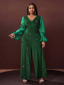 Slaydiva Large Women's Winter Silver Wire Splicing Bright Silk Lantern Sleeves With Ruffled Edges, Waist Cinched Wide Leg Long Jumpsuit, Suitable For Christmas Dresses/New Year's Clothing/Party Outfits/Elegant Women's Outfits/Shiny Fabrics/Women's Thanksgiving Outfits/Banquet/Date Outfits - Green - View 4