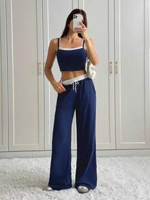 SHEIN Tall Modisches Kontrastfarben-Splicing Zweiteiler, bestehend aus Trägerhemd + Hose in Kontrastfarbe, geeignet für große Frauen im Sommer & Herbst