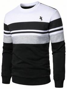 SHEIN Áo nỉ dài tay cổ tròn họa tiết hiệp sĩ kẻ sọc thể thao thường ngày cho bé trai tuổi teen, màu tương phản, thích hợp mặc đi làm, đi học, mặc thường ngày, thể thao, thu/đông - màu đen - Xem 6
