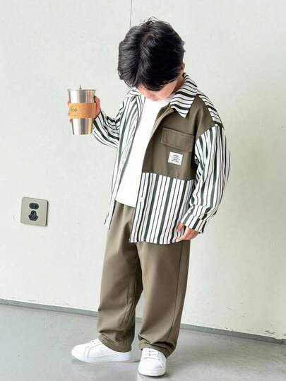 1pc Kids/Tween Boys' Casual Striped Collar Long Sleeve Loose Open Front Shirt & Solid Color Straight Pants 2-Piece Set, Suitable For School, Garden, Beach, Birthday, Spring/Summer/Autumn/Winter