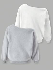 Sparklyn 2pcs/Set Teen Girls Casual Oblique Shoulder Comfortable Versatile Thermal Lined Long Sleeve Sweatshirt, Autumn/Winter - Multicolor - View 2