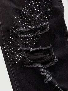 ROMWE MEN Street Life Men's Rhinestone Decor Double-Layer Waistband Fashionable Streetwear Jeans