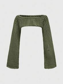 Grunge Punk Women's Autumn Bell Sleeve Faux Crochet Hollow Out Cropped Pullover Sweater - Army Green - View 5