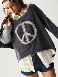 Bohemela 秋冬波西米亚风休闲针织拼布圆领宽松女式T恤 - 黑色 - 查看 2