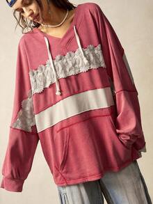 Bohemela 休闲针织拼接连帽长袖宽松水洗长款女士卫衣秋冬装 - 紅色 - 查看 7