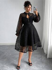 SHEIN Tall CURVE Đầm ren dài tay phong cách Pháp thanh lịch dành cho nữ cỡ lớn - màu đen - Xem 5