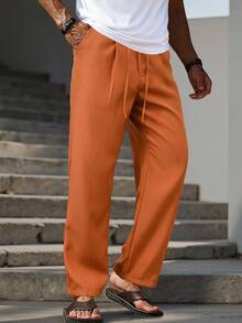 Manfinity Homme 男士系带腰带休闲棕色宽松裤，Old Money，秋季 - 鏽棕色 - 查看 1