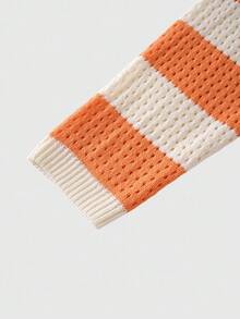 ROMWE MEN Prep 男士学院风条纹字母刺绣毛衣，适合情人节、秋冬季穿着，长袖上衣 - 橘色 - 查看 6