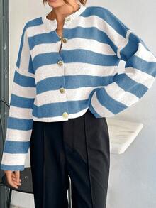 EURMUSE 女士条纹圆领前扣开衫 - 彩色 - 查看 4
