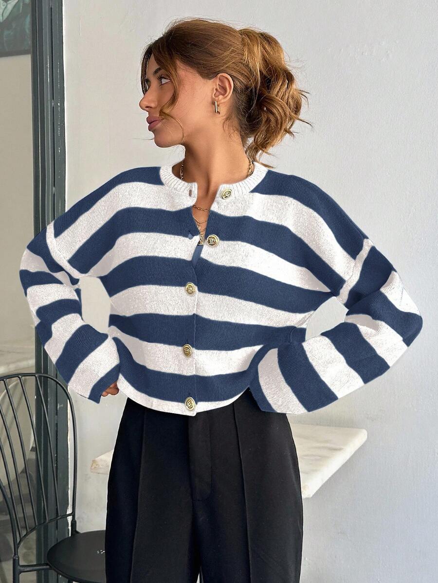 EURMUSE Women Stripe Pattern Round Neck Front Button Cardigan - Blue - View 1