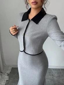 Elenzga 女士有领撞色纽扣优雅休闲通勤衬衫和松紧腰鱼尾下摆半身裙两件套 - 灰色 - 查看 3