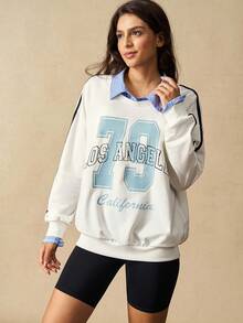 VARSIVA Women's Letter Print Drop Shoulder Long Sleeve Loose Fit Sweatshirt - Multicolor - View 6
