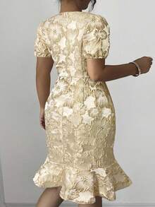 Elenzga 加大码圆领短袖纹理刺绣花卉 3D 图案修身腰法式优雅通勤百搭修身鱼尾连衣裙，豌豆绿 - 杏色 - 查看 2