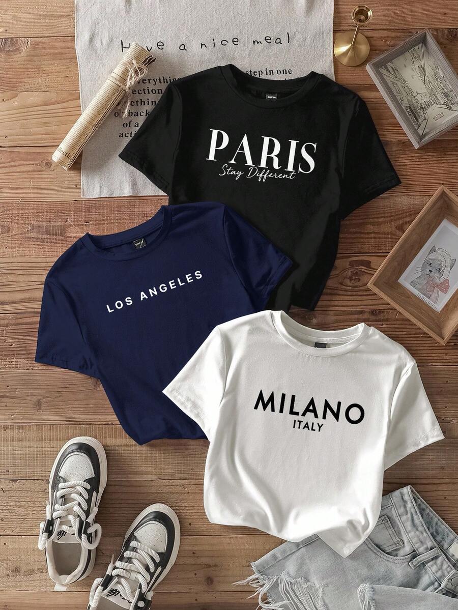 SHEIN EZwear 3 件套休闲简约黑、蓝、白图案圆领短袖短款紧身 T 恤女款，适合夏季外出 - 彩色 - 查看 1