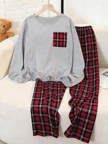 SHEIN 2 件套青少年女孩休闲宽松上衣和格子裤 T 恤套装，秋冬 - 彩色 - 查看 6