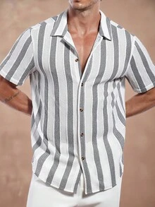 Manfinity Homme 男士休闲条纹 Polo 领衬衫 - 黑與白 - 查看 7