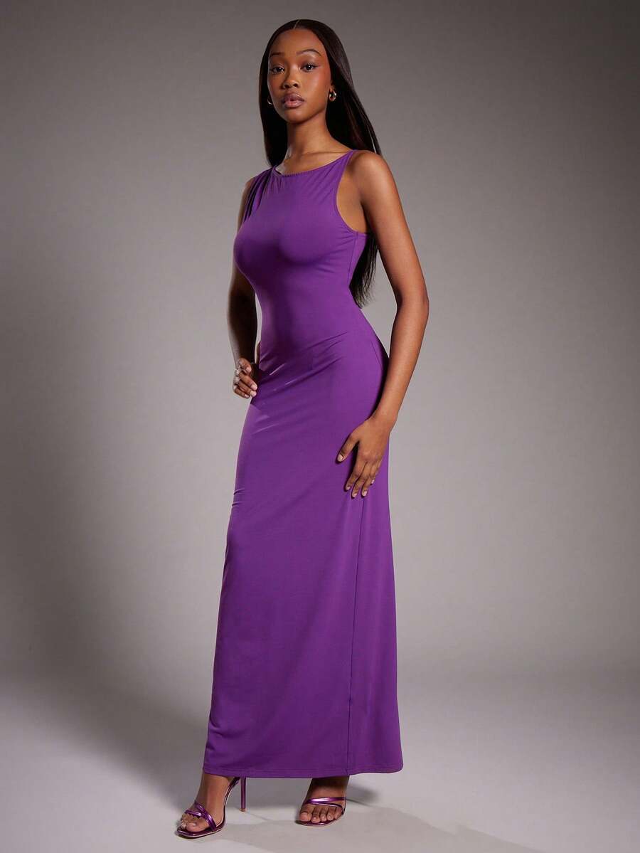 NYA SZN Dress Short Sleeve Asymmetrical Maxi Length Fitted Bodycon Night Out Modest Guest Outfits For Women - Purple - View 1