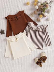 SHEIN Vintaside Kids 3pcs Newborn Baby Girls Ruffled Collar Long Sleeve Top Set