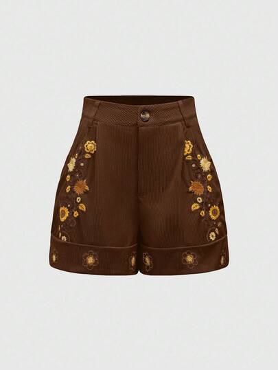 Hippie Women's Casual Vintage Floral Embroidery Slant Pocket Shorts