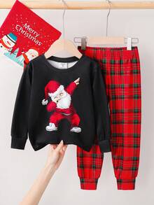 SHEIN 2 pièces/Set T-shirt à manches longues col rond et pantalon de pyjama à carreaux pour jeune garçon, motif Père Noël, ajustement confortable. Ensemble de vêtements de nuit décontractés doux et confortables, convient pour Noël, fête de Noël - Rouge - Voir 2