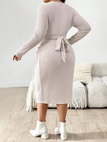 SHEIN Fall Clothes,Autumn Clothes,Maternity Autumn/Winter Clothes Maternity Plus Size Solid Color Round Neck Long Sleeve Cross Design Ribbed Fitted Midi Dress Maternity Dress Long Sleeve Maternity Dress Beige Maternity Dress Knitted Maternity Dress Maternity Knitted Dress Ribbed Maternity Dress Ribbed Knit Dress Pregnancy Clothes Maternity Two Piece Sets Pregnancy Dress With Belt