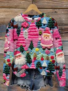 SHEIN LUNE 圣诞纹理圣诞老人印花加大码女式运动衫秋冬女士服装 - 彩色 - 查看 4