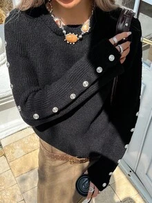 DAZY Women's Casual Solid Color Button Decorated Sweater, Autumn - Black - View 7