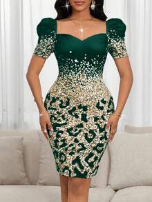 SHEIN Lady 2025 New Women's Elegant Floral Print Short Sleeve Dark Green Midi Dress,Dresses For Women Elegant New Year Outfit Christmas Party Dress Elegant Dresses For Party