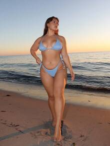 Nezia Cruz Summer Beach Textured Halter Neck Tie Two-Piece Bikini Set