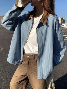 DAZY 女式休闲翻领条纹拼接牛仔夹克，秋季 - 藍色 - 查看 4