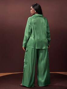Slaydiva Sage Green,Autumn,Elegant,Formal Plus Size 2 Pieces Set Loose Shirt Collar Long Sleeve Sparkly Top And Wide Leg Long Pants For Casual Streetwear Party - Green - View 5