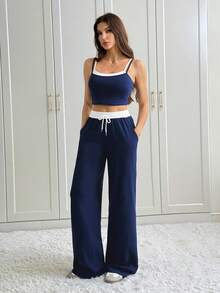 SHEIN Tall Modisches Kontrastfarben-Splicing Zweiteiler, bestehend aus Trägerhemd + Hose in Kontrastfarbe, geeignet für große Frauen im Sommer & Herbst