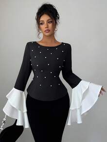 Elenzga Áo kiểu dáng cổ tròn tay loe xếp nếp nhiều lớp đính hạt ngọc trai thanh lịch kiểu Pháp sang trọng dành cho nữ, áo kiểu dáng cổ điển tay dài phối màu cổ điển - màu đen - Xem 6