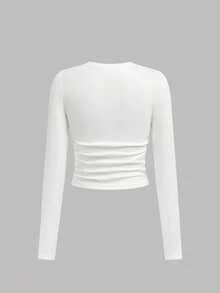 SHEIN Girlism Tween Girls White Knit Ruched Design T-Shirt With Hair Scrunchie, Casual Daily Fashion Versatile - White - View 2