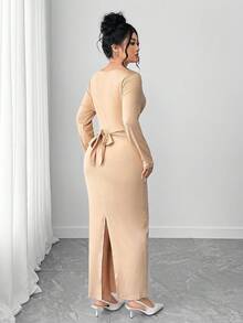 Elenzga Plus Size Women's Crew Neck Long Sleeve Knit Elastic Solid Color Maxi Dress, Versatile Dress With Multiple Wearing Ways, Fashionable, Elegant, Minimalist, Retro Romantic For Commute, Suitable For Daily Wear, Party, And Formal Events, Fitted And Sexy - Khaki - View 2