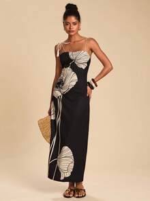 Travachic 优雅花卉印花亮片装饰露背吊带背心连衣裙，夏季 - 黑與白 - 查看 4