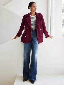 Lumivelle Women's Autumn/Winter Long Sleeve Metal Button Double-Breasted Mid-Length Overcoat - Burgundy - View 3